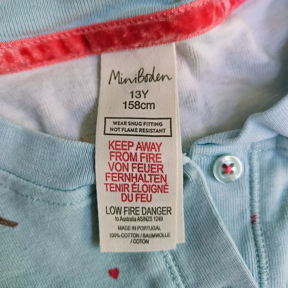 Mini Boden Robin Bird Print Henley Union Suit Pajamas Blue Size 13Y / 158 cm